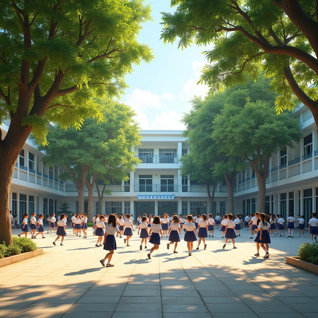 Khuôn viên sân trường Tiểu học Hoàng Văn Thụ, TP. HCM rợp bóng cây xanh trong giờ ra chơi của học sinh