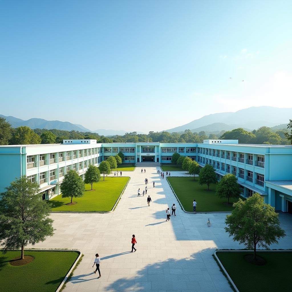 Toàn cảnh khuôn viên Trường THPT Nguyễn Bỉnh Khiêm, H. Chư Sê, T. Gia Lai xanh mát với sân trường rộng rãi và các dãy phòng học khang trang.