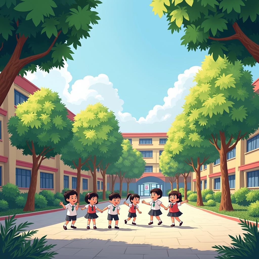 Khuôn viên Trường Tiểu học Lê Lợi Quận 3 sạch sẽ, nhiều cây xanh và có sân chơi rộng rãi cho học sinh.