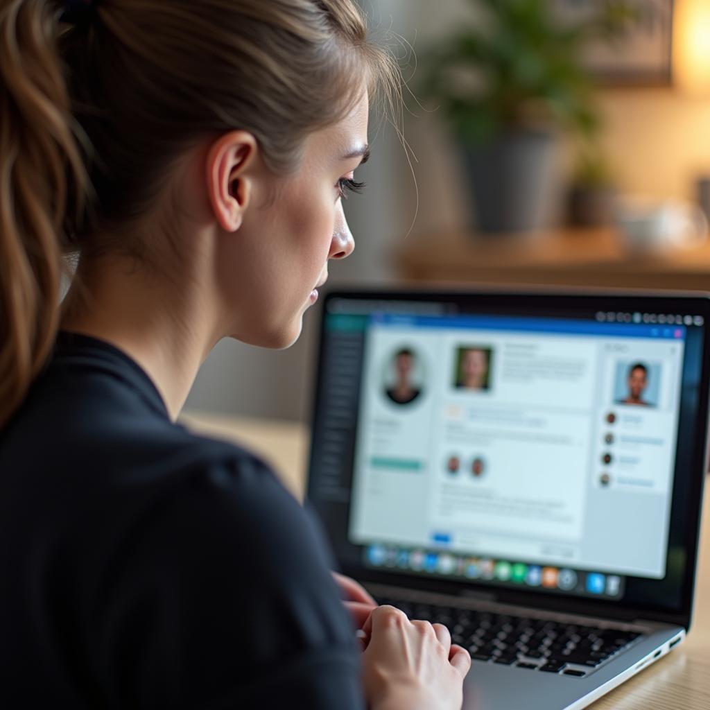 Một người đang cẩn thận kiểm tra thông tin cá nhân của bạn bè online trên mạng xã hội để đảm bảo an toàn trước khi gặp mặt.