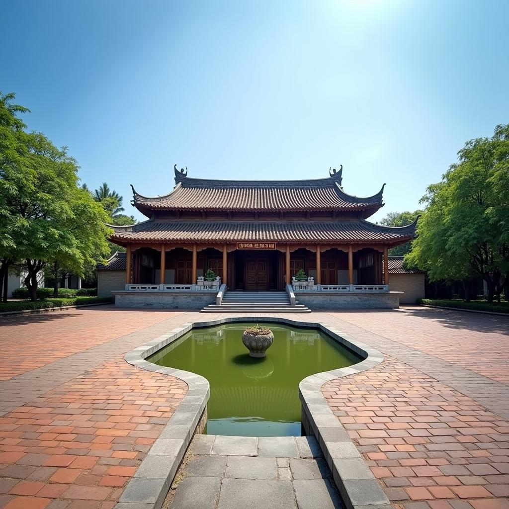 Toàn cảnh kiến trúc cổ kính và trang nghiêm của Đền Trần Thương tại xã Trần Thương, tỉnh Hà Nam.