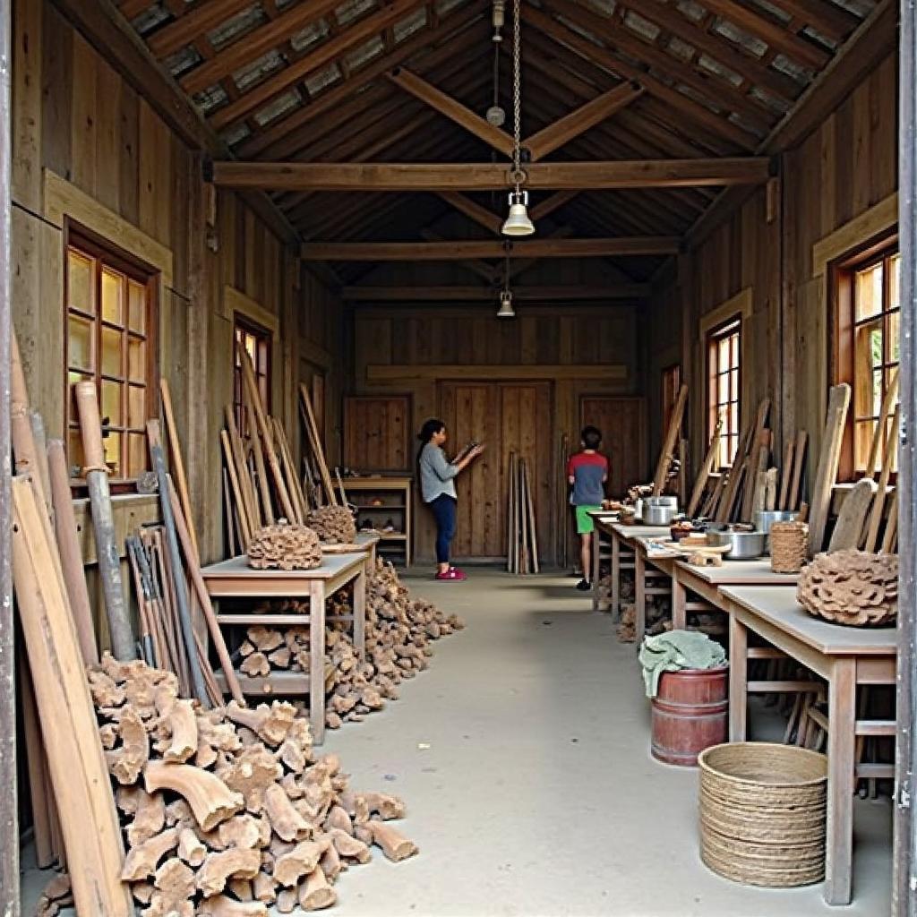 Không gian làm việc và trưng bày sản phẩm điêu khắc gỗ Xã Chuyên Mỹ