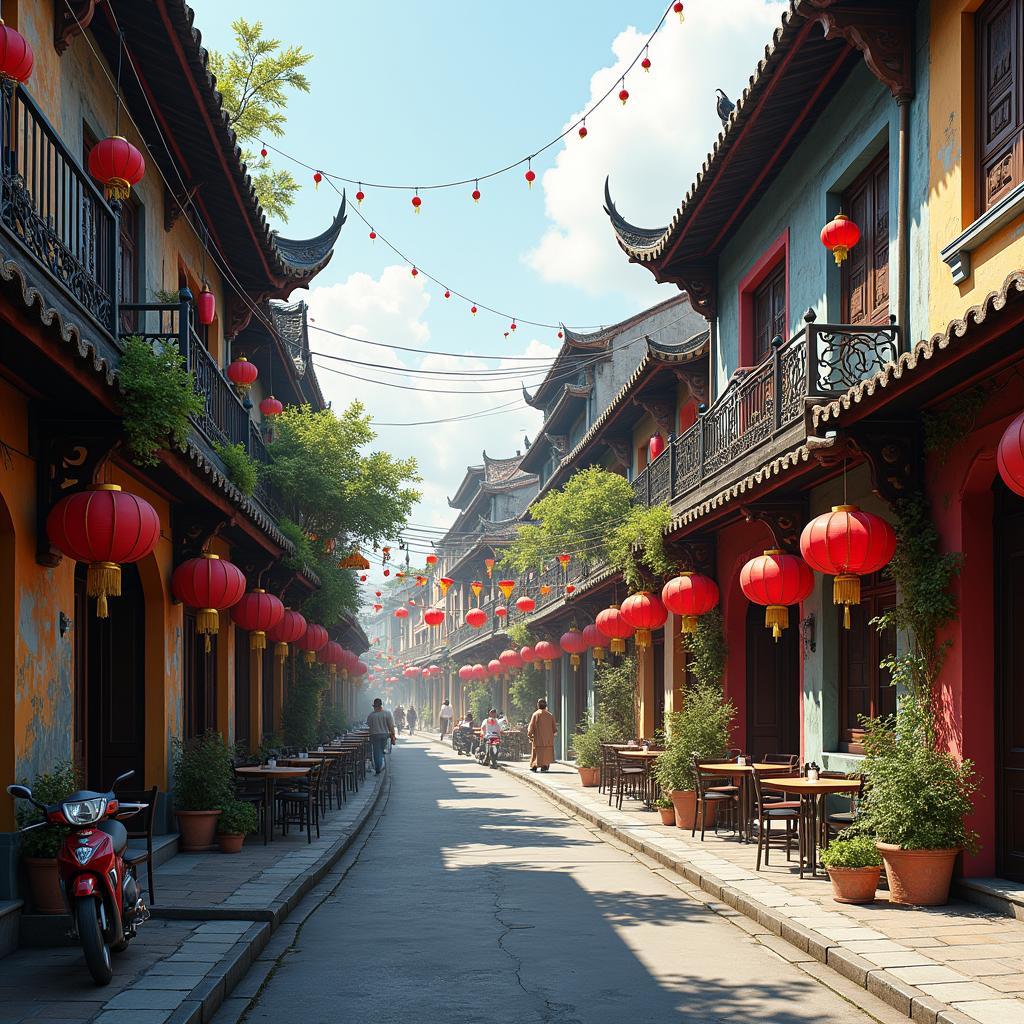 Góc phố mang đậm dấu ấn kiến trúc Trung Hoa cổ kính với mái ngói và đèn lồng đỏ tại Phường Chợ Lớn.