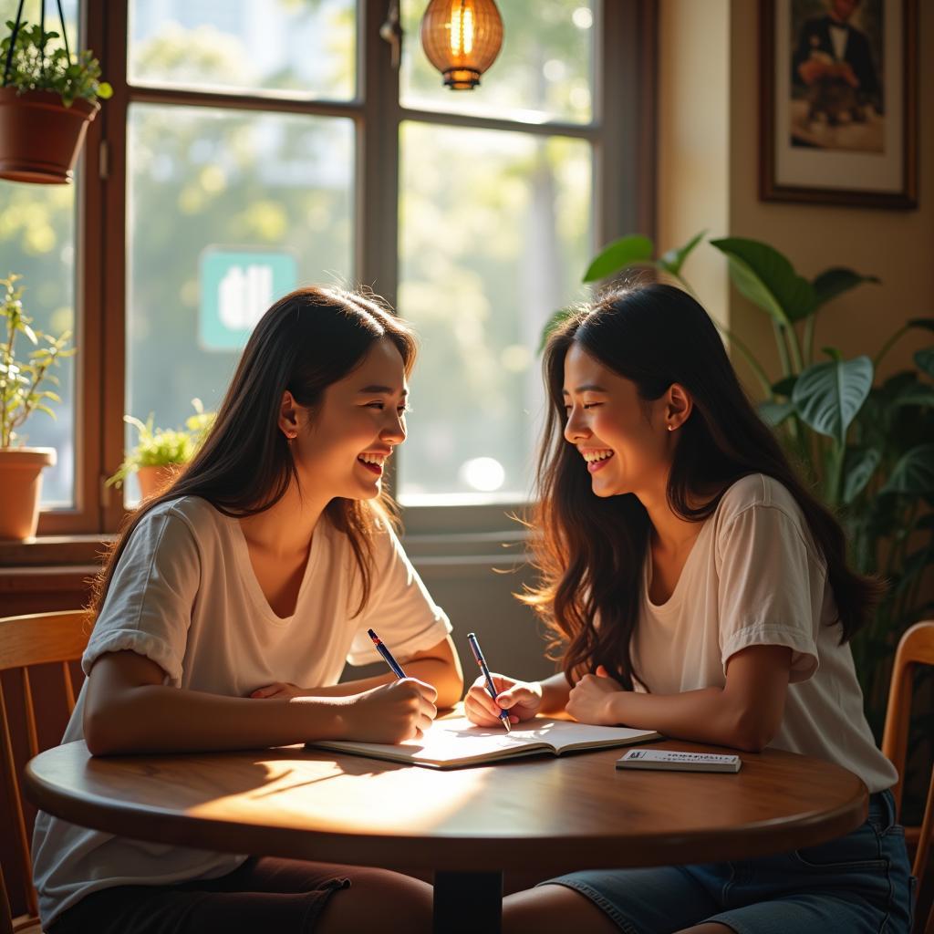 Hai người bạn thân đang cùng nhau viết và chia sẻ câu chuyện cho cuộc thi viết về Friendship Day