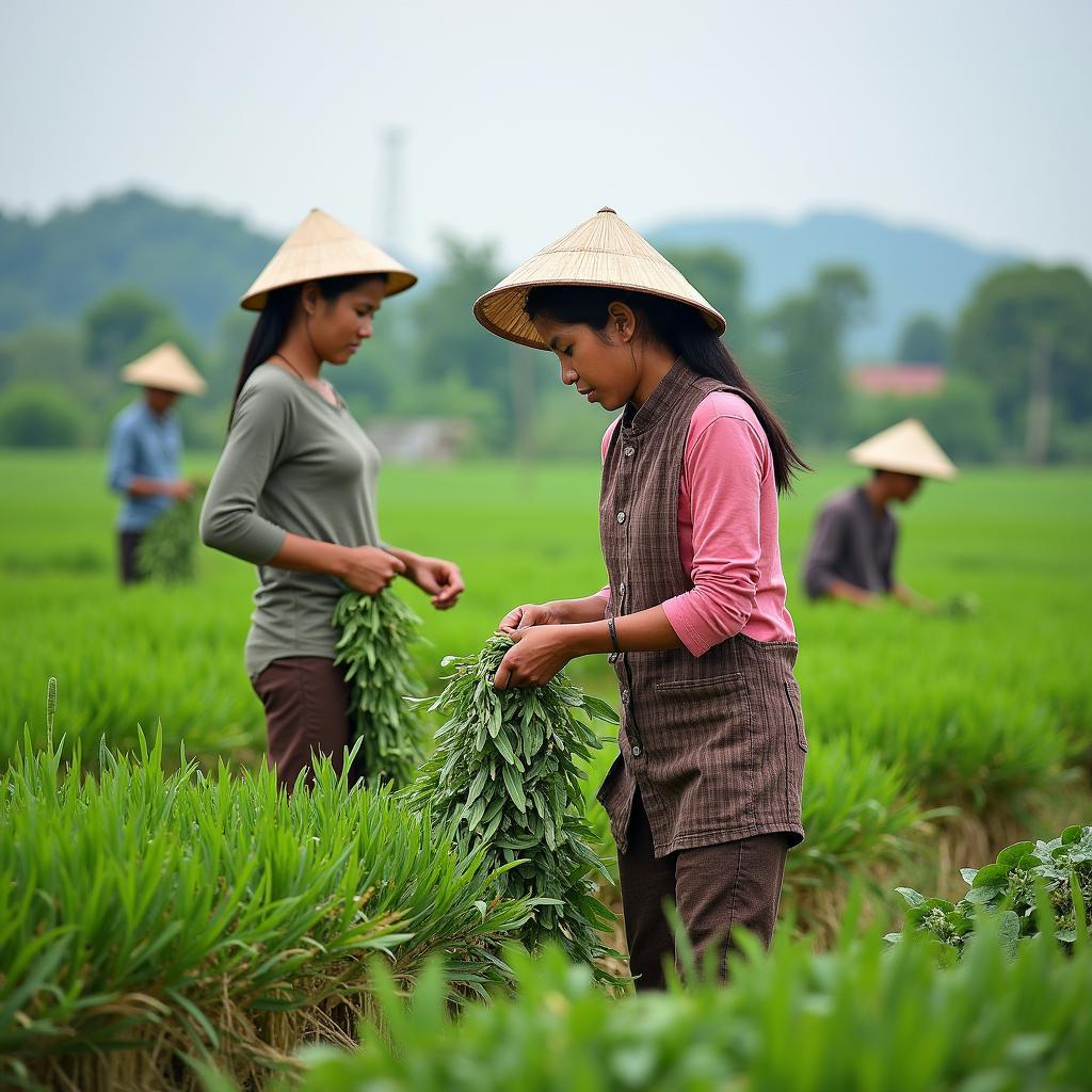 Người dân Xã Minh Tân, Tỉnh Tuyên Quang đang thu hoạch nông sản trên đồng ruộng