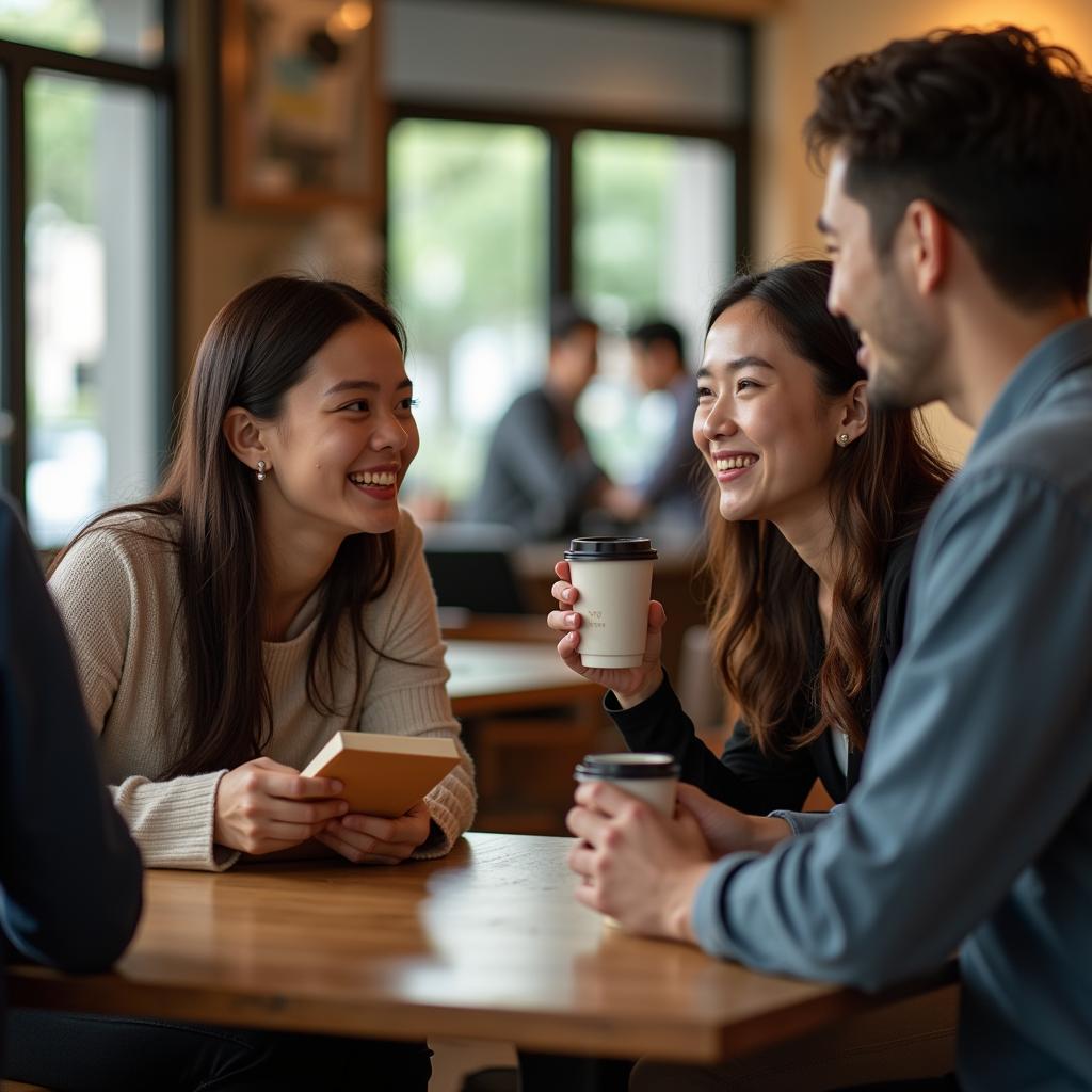 Hình ảnh hai người trẻ bắt chuyện tự nhiên tại quán cà phê để rèn luyện kỹ năng kết bạn chân thành.