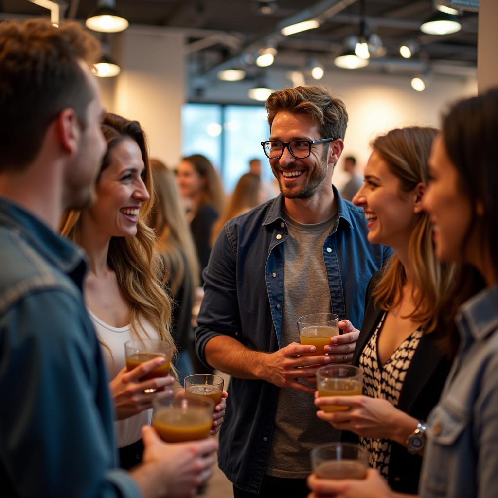 Một nhóm người đa dạng đang giao lưu cởi mở tại một sự kiện Meetup, thể hiện kỹ năng giao tiếp và cách bắt chuyện làm quen bạn mới.