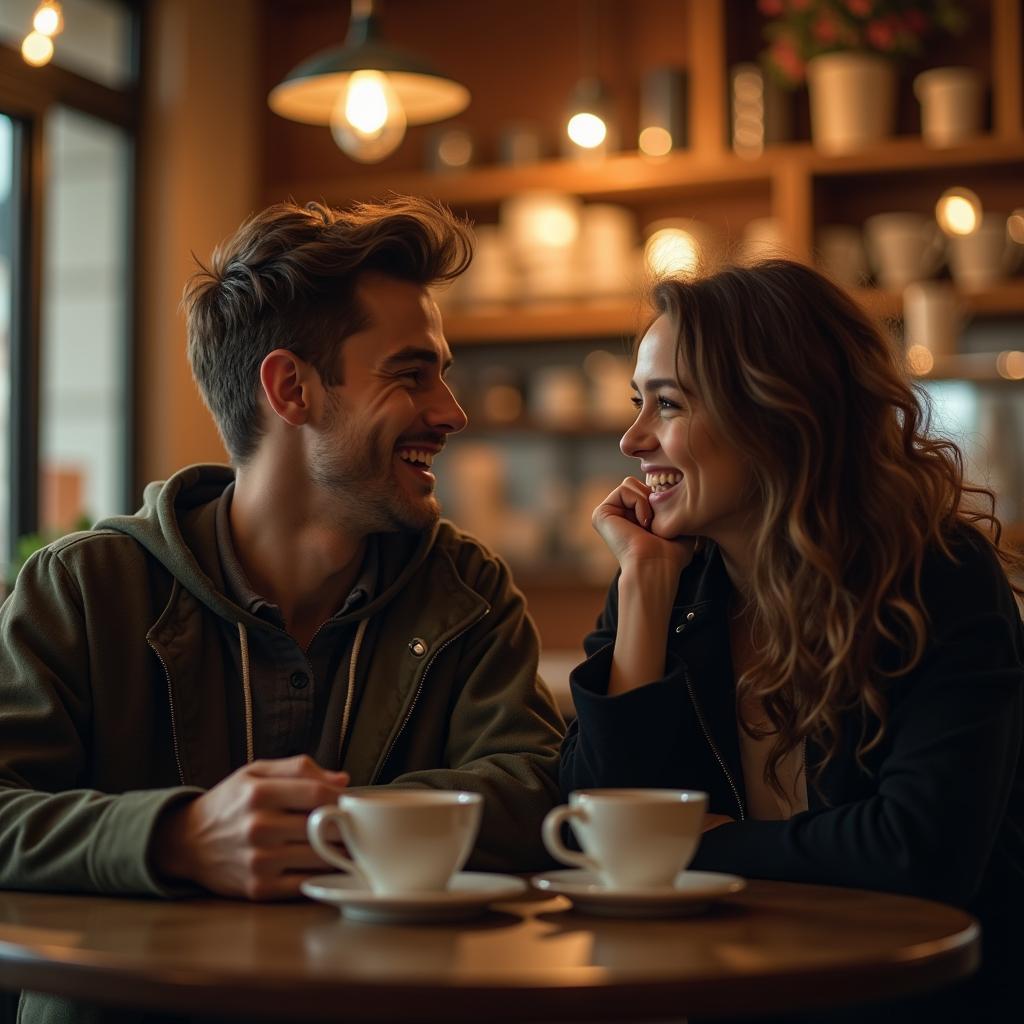 Một cặp bạn thân khác giới đang cùng nhau chia sẻ những kỷ niệm đáng nhớ trong một quán cà phê ấm cúng