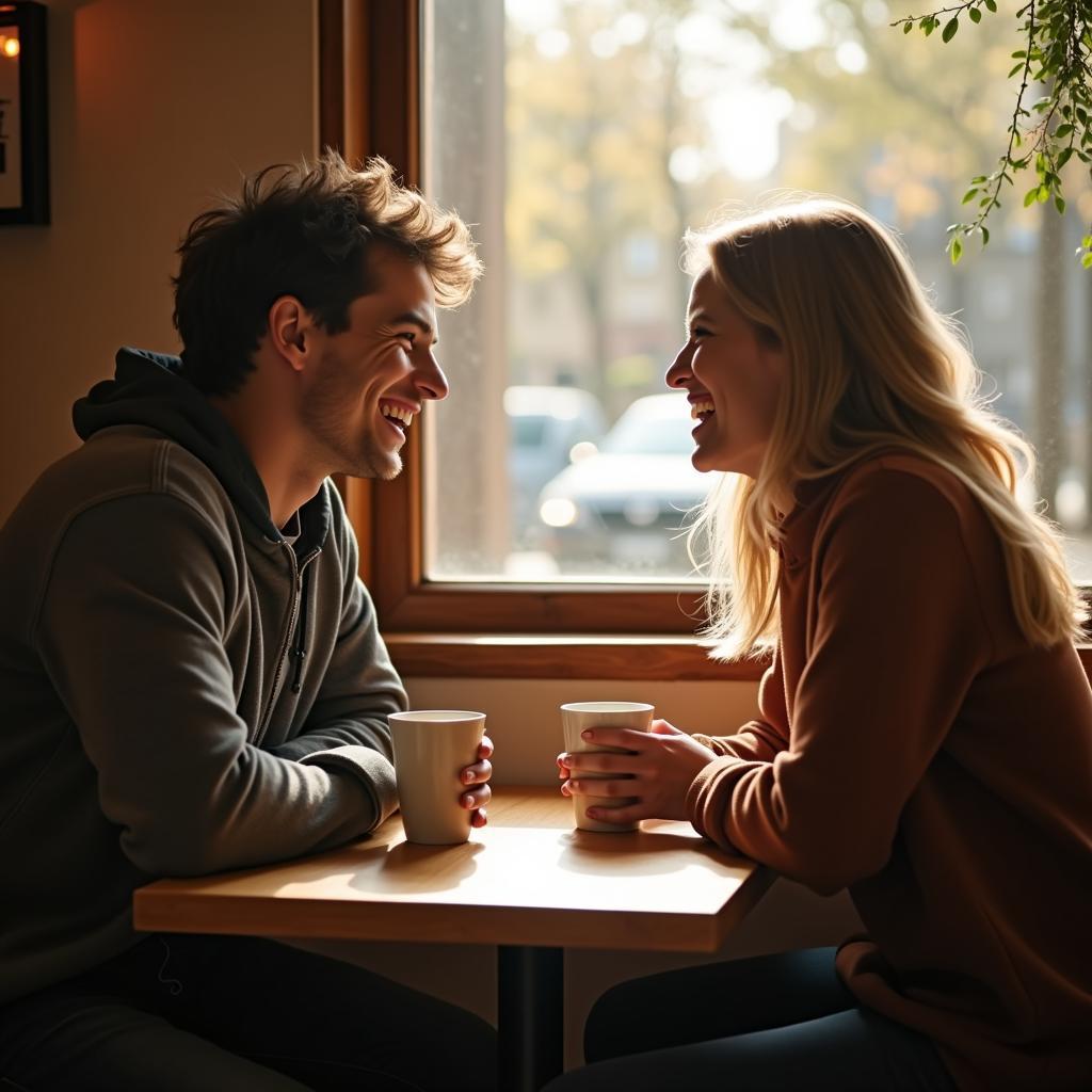 Hai người bạn thân trò chuyện vui vẻ trong quán cà phê, một hoạt động ý nghĩa để kỷ niệm Ngày Tình bạn.