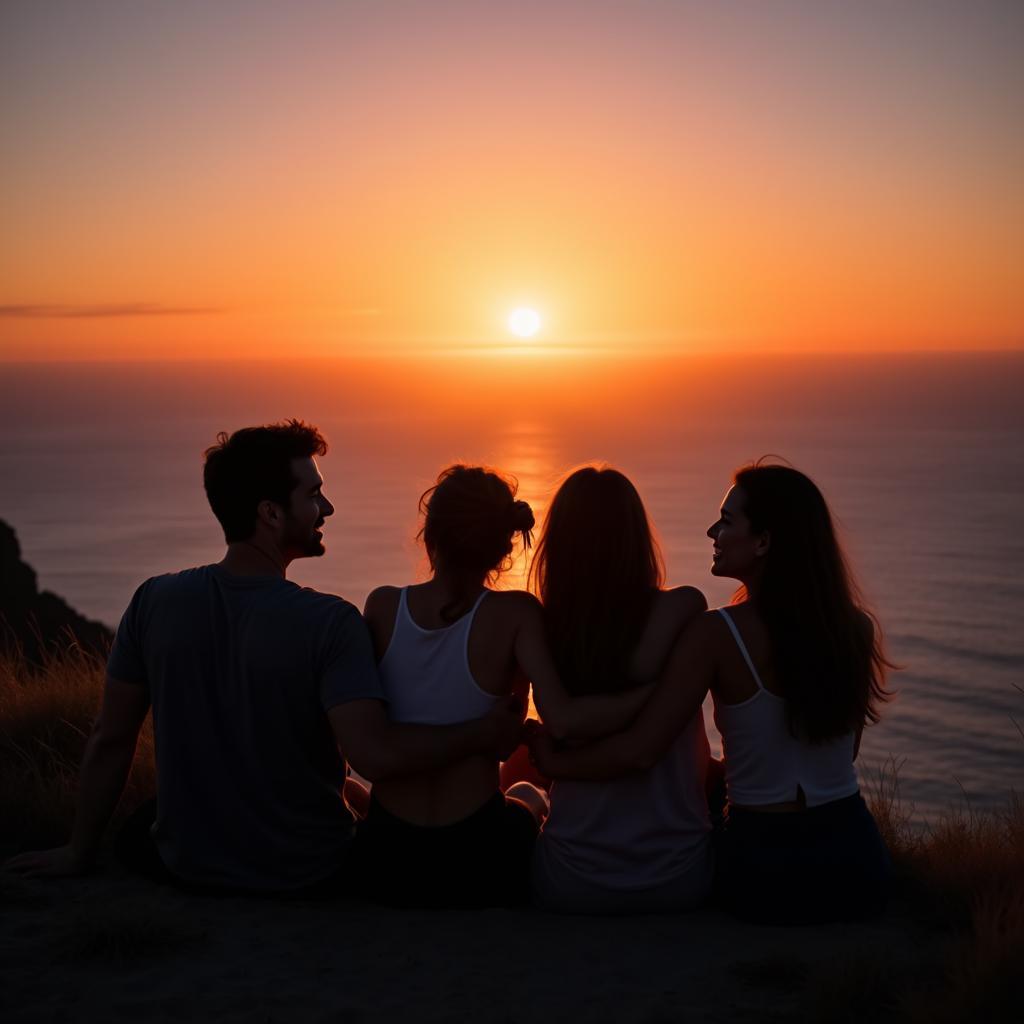 Khoảnh khắc hoàng hôn tuyệt đẹp của nhóm bạn trong chuyến du lịch tiết kiệm, minh chứng cho friendships bền chặt.