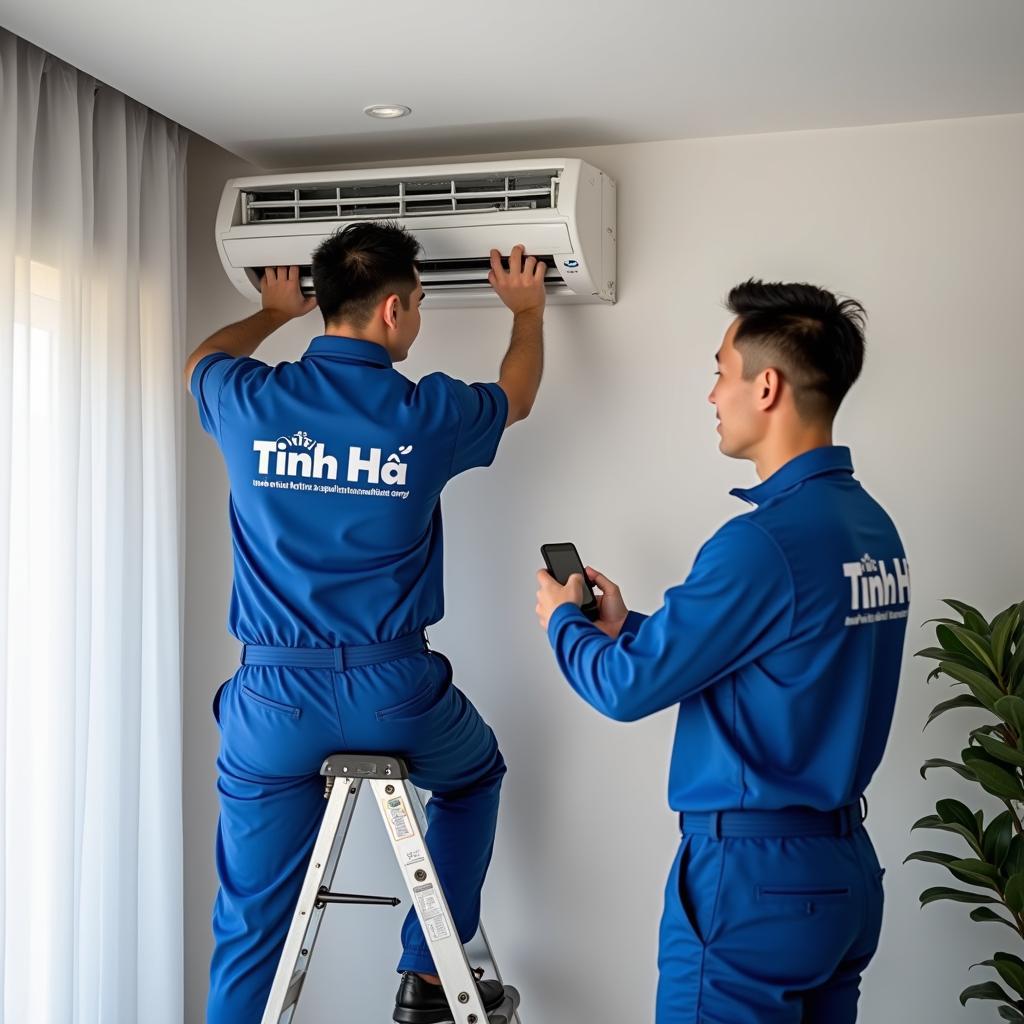 Kỹ thuật viên chuyên nghiệp của Điện máy Tinh Hà lắp đặt điều hòa cho khách hàng tại nhà ở Quế Võ.