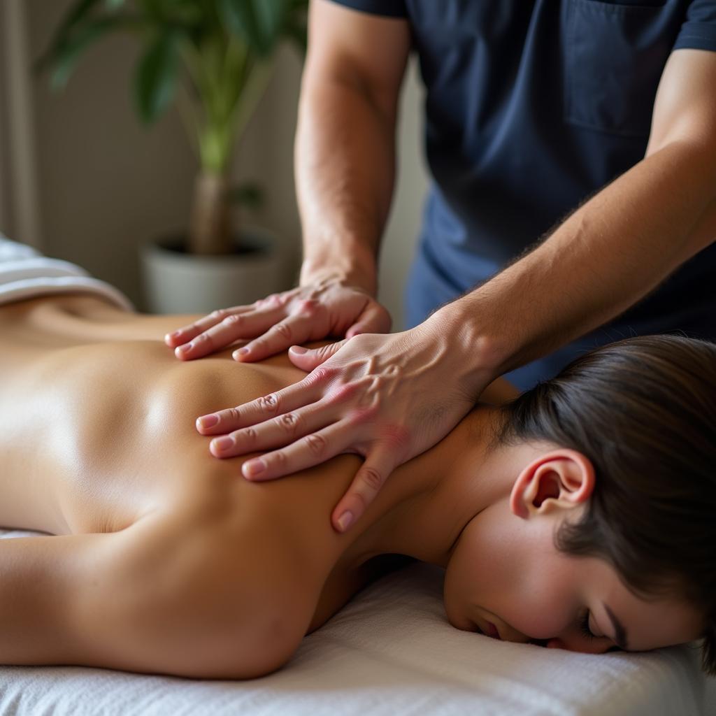 Kỹ thuật viên khiếm thị tay nghề cao đang massage trị liệu đau mỏi vai gáy cho khách hàng.