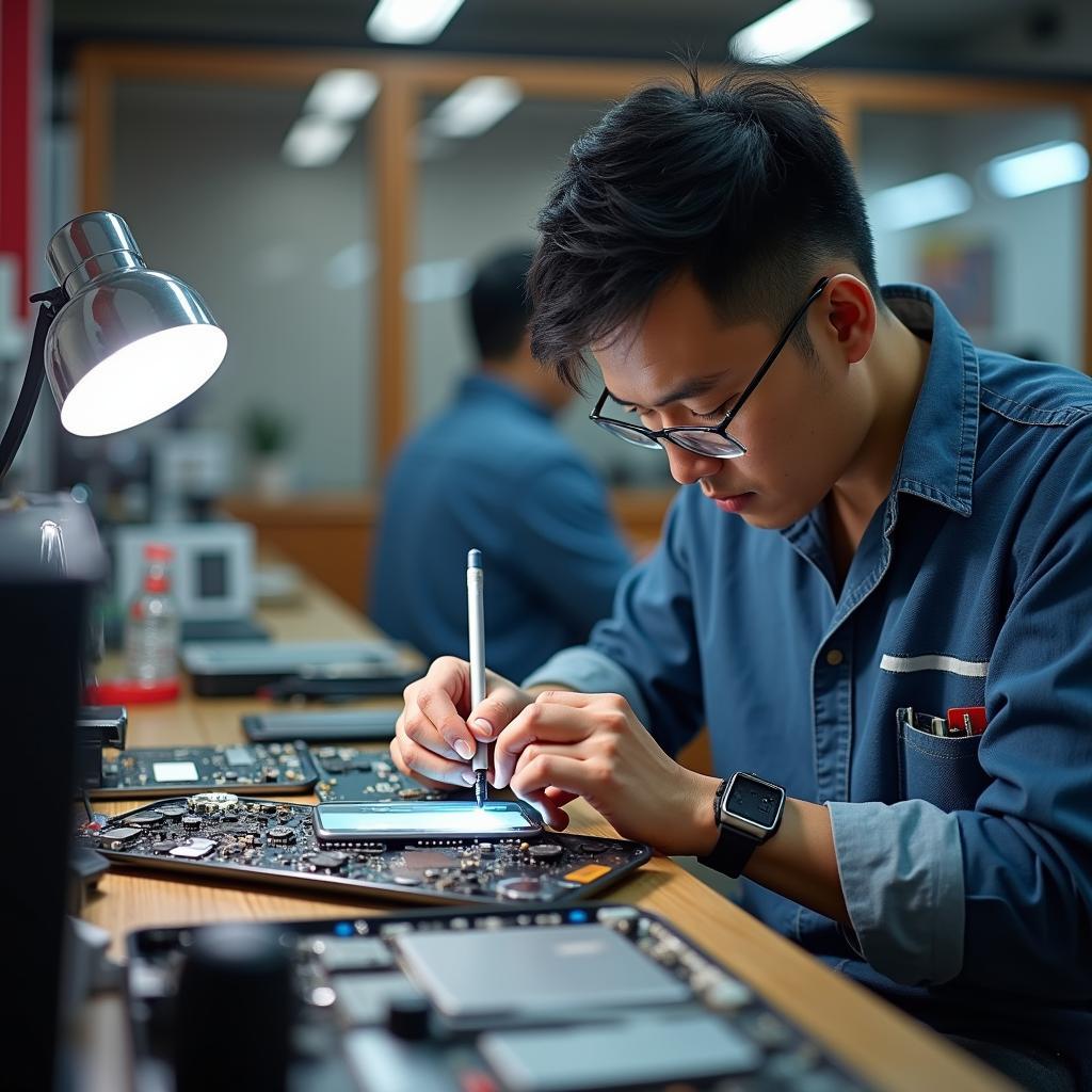 Ky thuat vien dang sua chua dien thoai tai cua hang Toan Hong Mobile