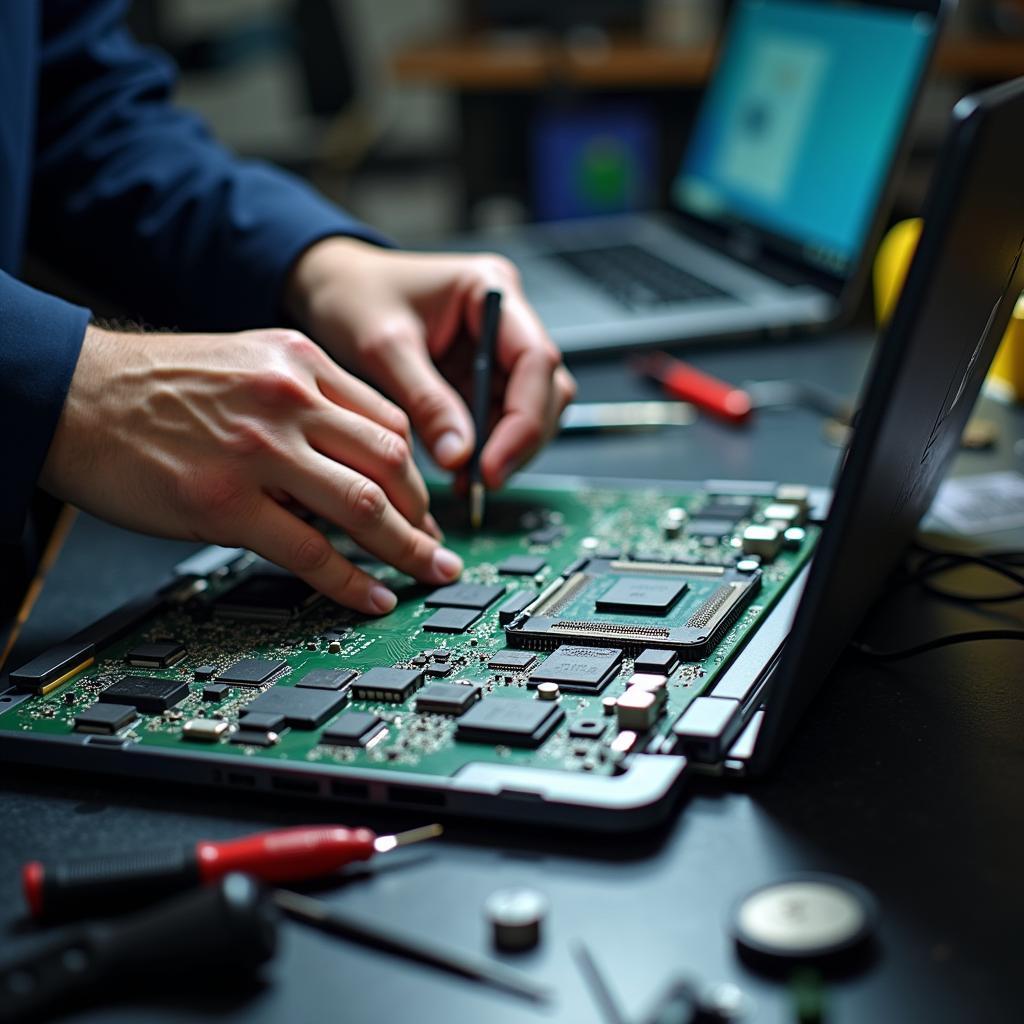 Kỹ thuật viên chuyên nghiệp đang kiểm tra và sửa chữa bo mạch chủ laptop tại Tin Phát Laptop 