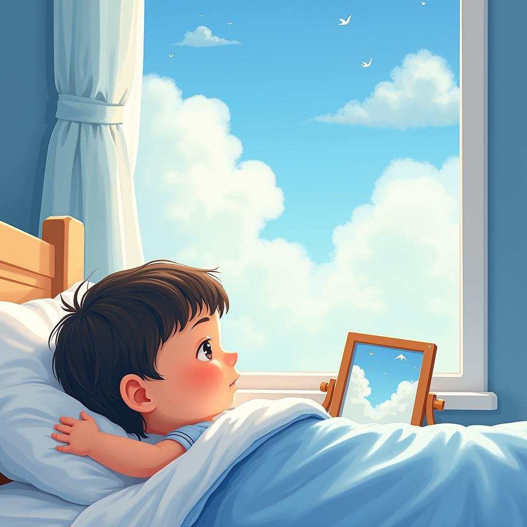 Hình ảnh bìa sách Làm bạn với bầu trời của Nguyễn Nhật Ánh, thể hiện thế giới qua khung cửa sổ.