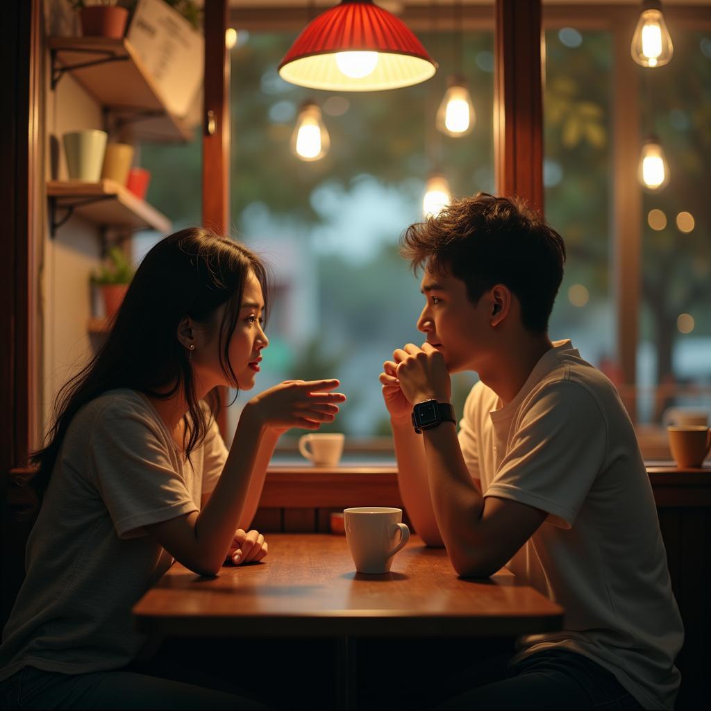 Hai người bạn ngồi đối diện nhau, một người đang lắng nghe chân thành để hàn gắn tình bạn.