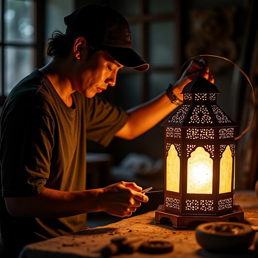 Người thợ đang tỉ mỉ làm lồng đèn thủ công, nét văn hóa đặc trưng của Hội An