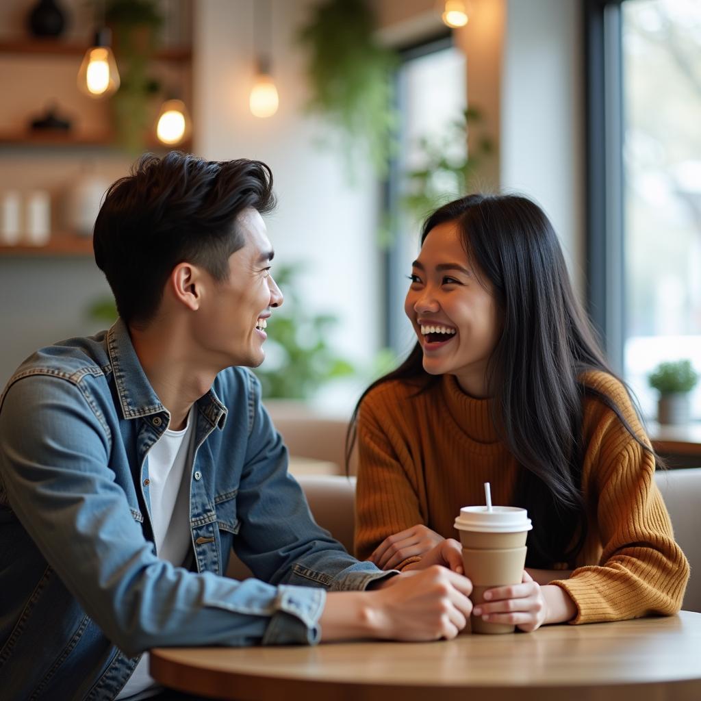 Hình ảnh hai người bạn khác giới trò chuyện vui vẻ tại quán cà phê, thể hiện ranh giới tình bạn rõ ràng.