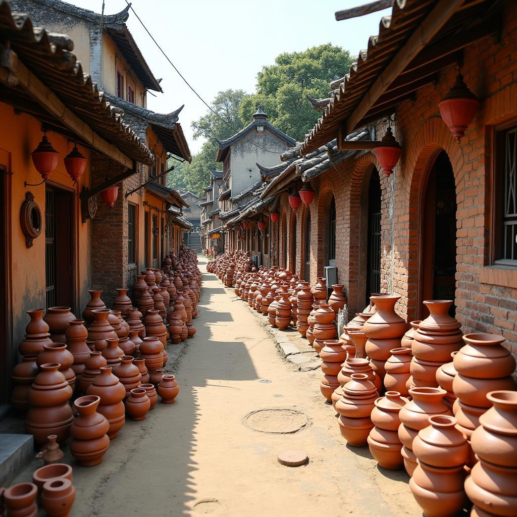 Hình ảnh làng gốm Bát Tràng tại huyện Gia Lâm với những sản phẩm gốm sứ truyền thống và kiến trúc độc đáo