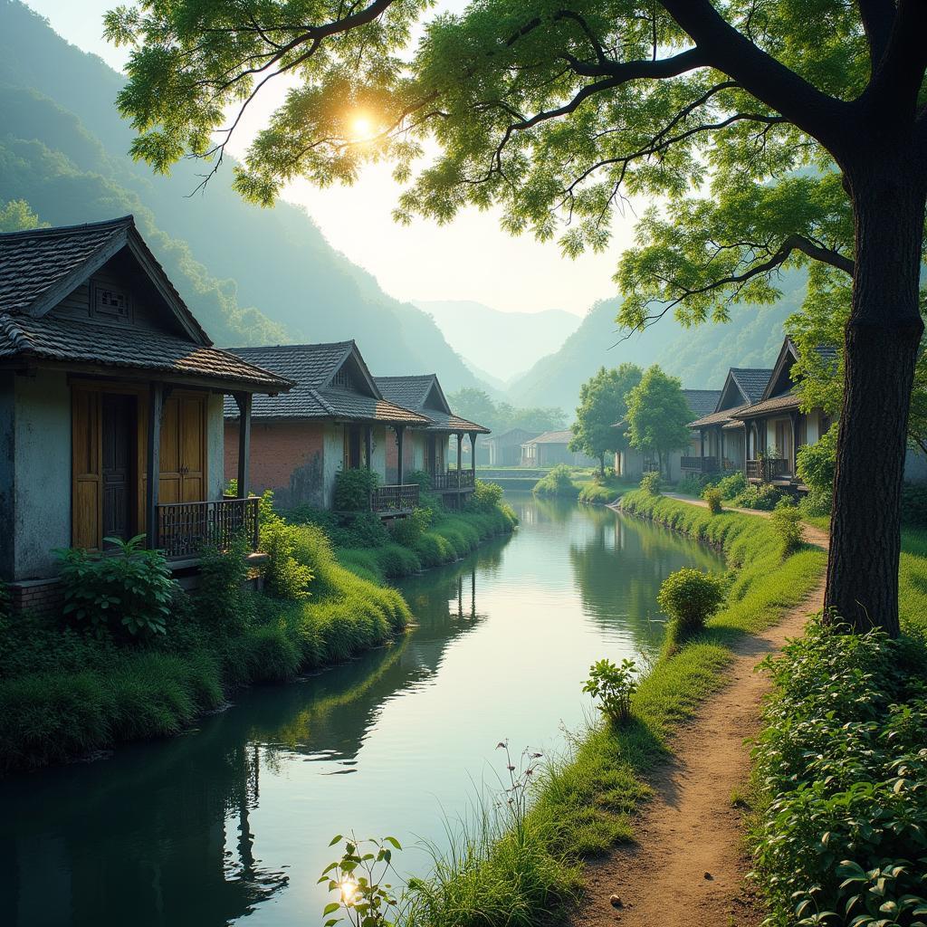 Hình ảnh làng họa sĩ xã Cổ Đô, huyện Ba Vì, Hà Nội bình yên bên sông Hồng.