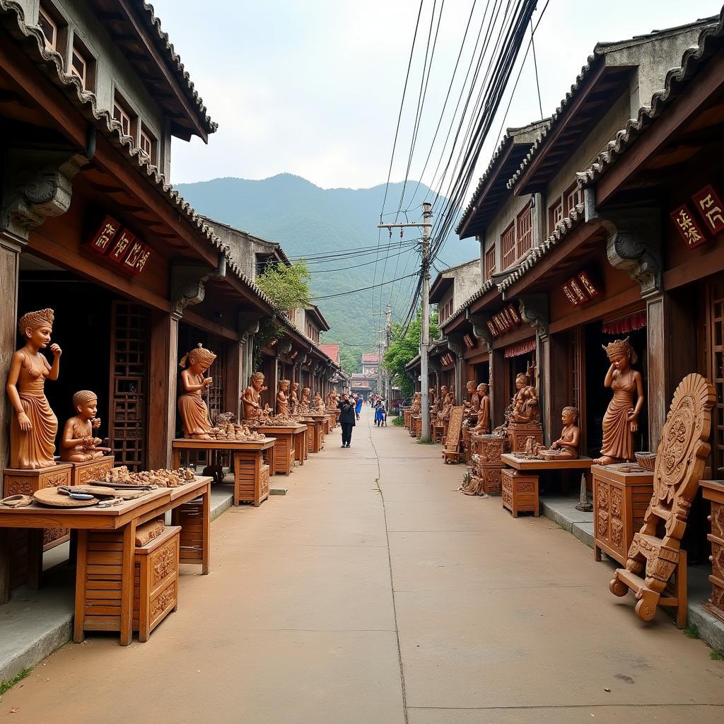 Khung cảnh làng nghề gỗ mỹ nghệ Đồng Kỳ, Bắc Ninh với những gian hàng trưng bày sản phẩm tinh xảo hai bên đường
