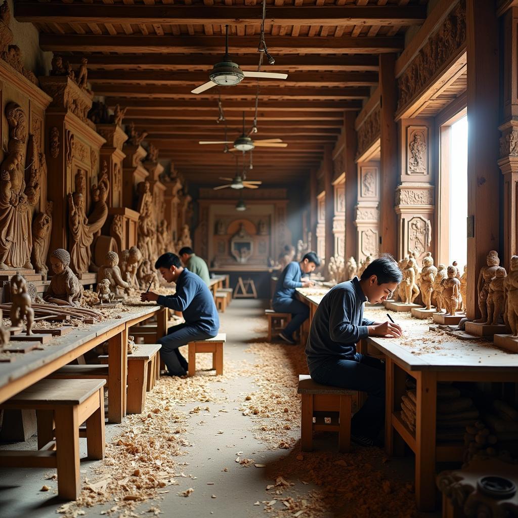 Khám phá không gian làm việc tại một xưởng gỗ mỹ nghệ truyền thống ở Phường Vân Hà, Bắc Ninh với các sản phẩm tinh xảo