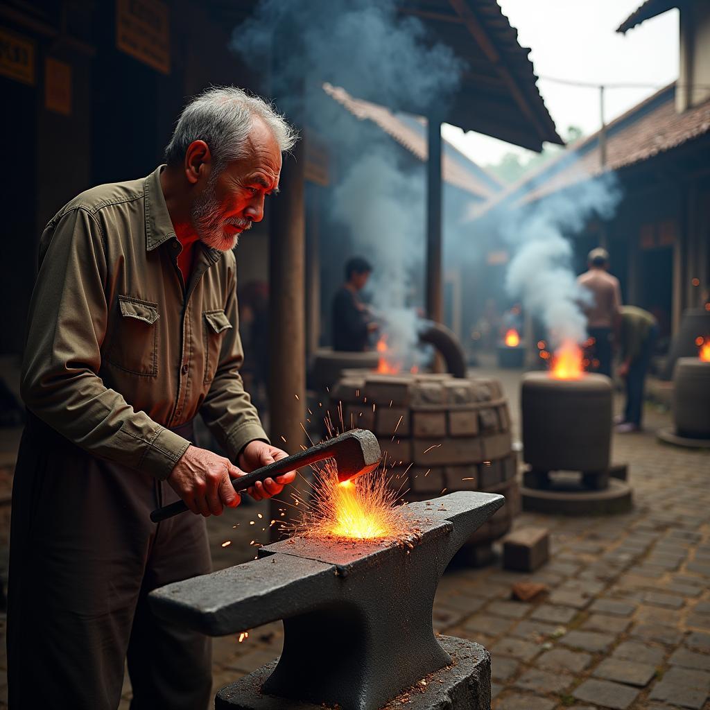 Khung cảnh lao động sôi nổi tại làng nghề sắt Đa Hội, Phường Từ Sơn, Bắc Ninh với những người thợ rèn đang miệt mài làm việc bên lò lửa rực hồng.