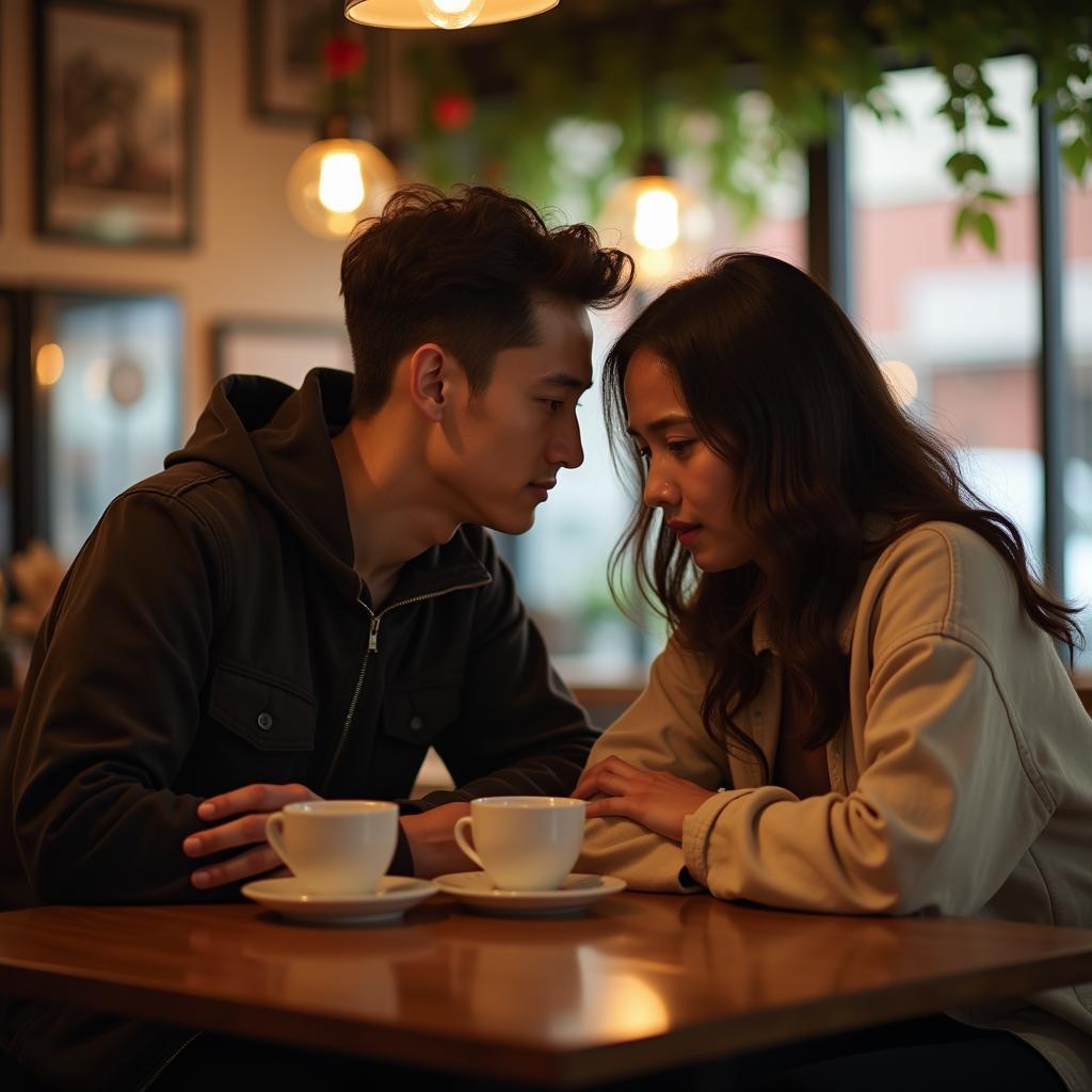 Một người bạn nam đang chăm chú lắng nghe và thấu cảm với người bạn nữ đang gặp vấn đề tâm lý tại quán cà phê.