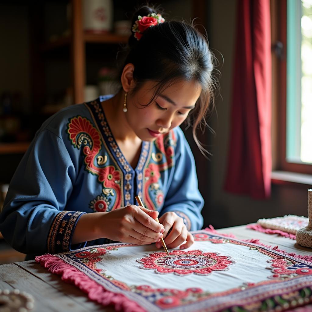 Nghệ nhân đang thêu ren tại làng nghề truyền thống Huyện Ứng Hòa