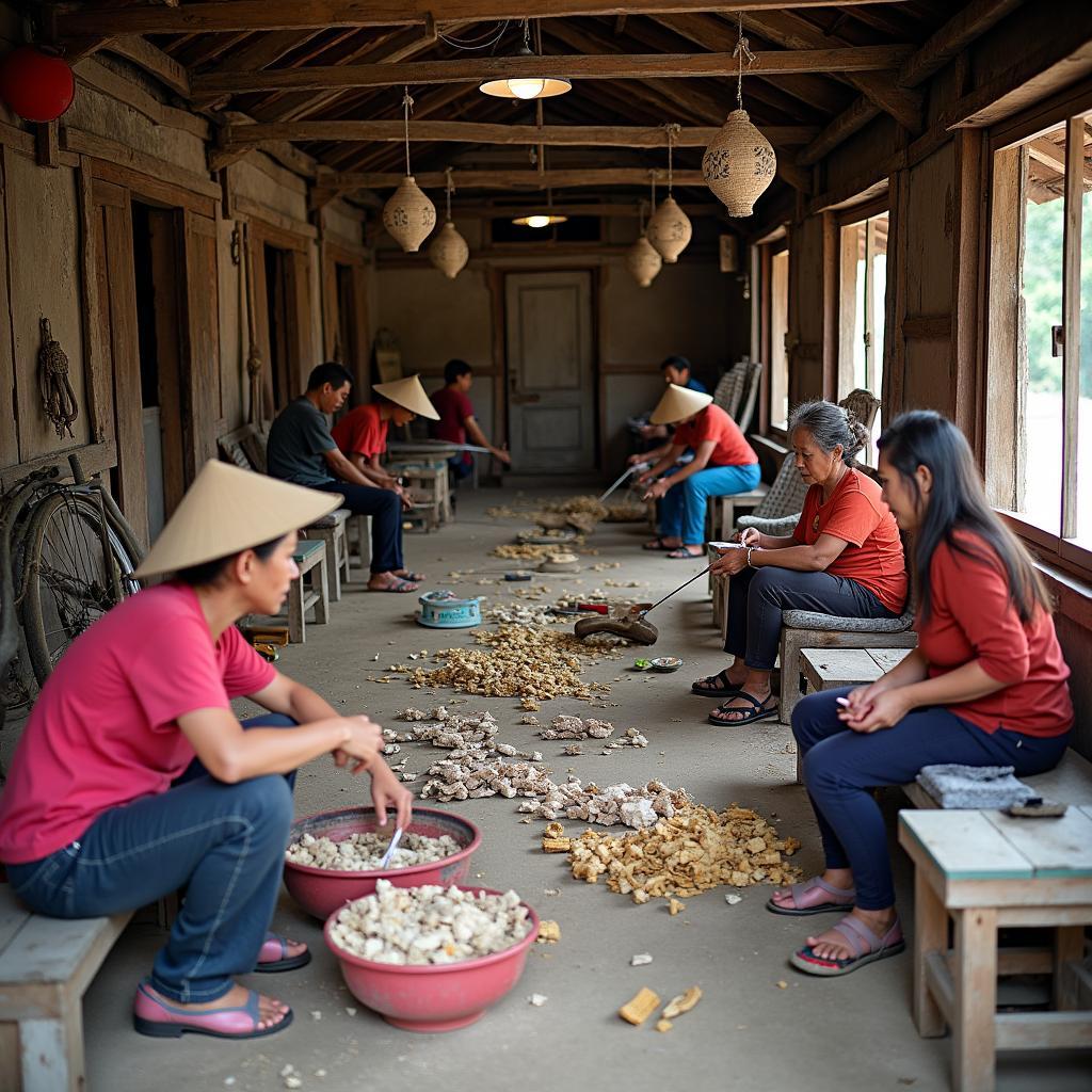 Khung cảnh một làng nghề truyền thống tại xã Đông Quan, tỉnh Hưng Yên với những người thợ đang làm việc chăm chỉ