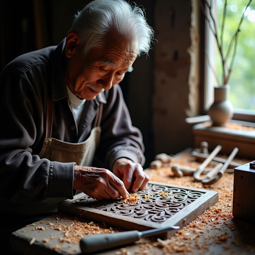 Nghệ nhân làng nghề truyền thống xã Vân Sơn, Bắc Ninh đang tỉ mỉ chạm khắc sản phẩm gỗ mỹ nghệ.