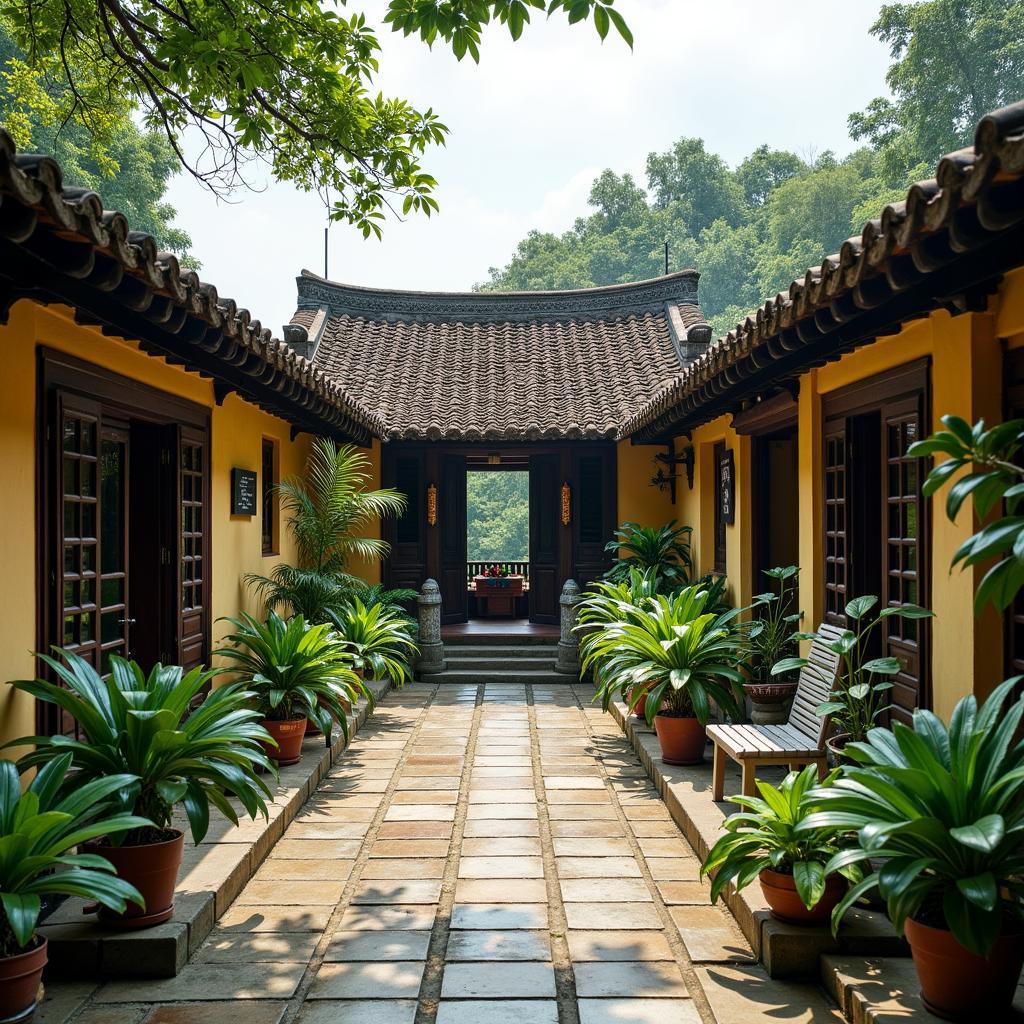 Một góc làng nghề truyền thống yên bình tại Phường Tam Sơn, Bắc Ninh với mái ngói cổ kính và không gian xanh mát.