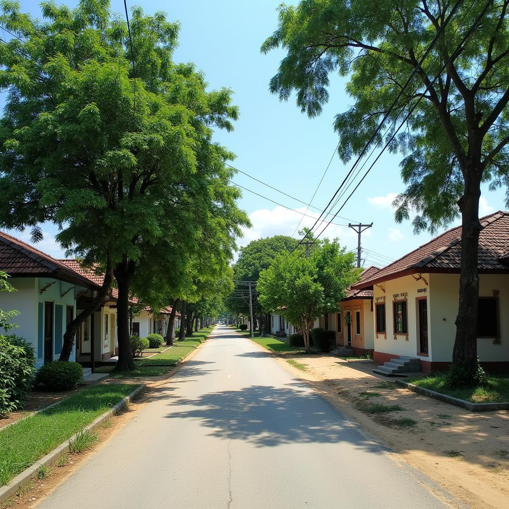 Một góc làng quê yên bình tại xã Bình Nguyên, tỉnh Hưng Yên với con đường làng rợp bóng cây xanh và những ngôi nhà mái ngói mộc mạc.