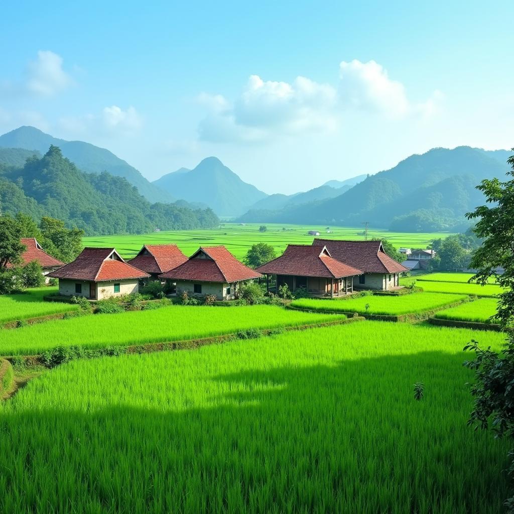 Khung cảnh làng quê thanh bình tại xã Bình Phú tỉnh Phú Thọ với những mái nhà ngói đỏ và cánh đồng lúa xanh mướt
