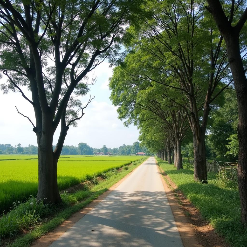 Hinh anh lang que Hoa Xa, Ung Hoa, Ha Noi: duong lang yen binh, cay xanh, canh dong lua.