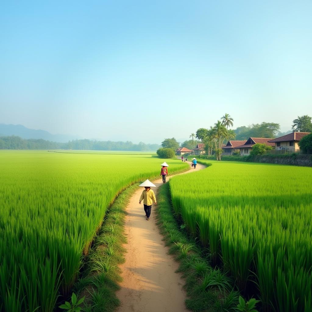 Khung cảnh làng quê Hồng Châu, Hưng Yên yên bình với con đường làng và những cánh đồng lúa xanh mướt.