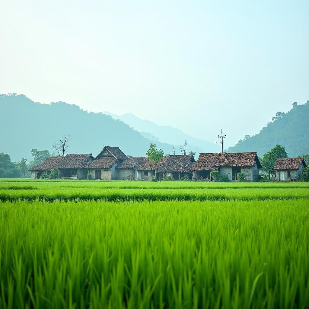 Hình ảnh làng quê yên bình tại Xã Phúc Lộc, Huyện Phúc Thọ, Hà Nội với những cánh đồng và mái nhà