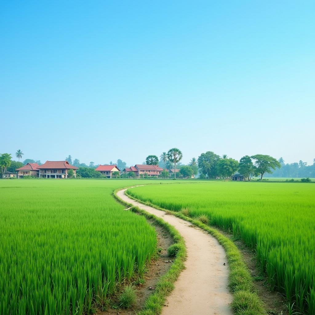 Khung cảnh bình yên của làng quê Tây Thái Ninh, tỉnh Hưng Yên với con đường làng nhỏ và cánh đồng lúa xanh mướt hai bên đường