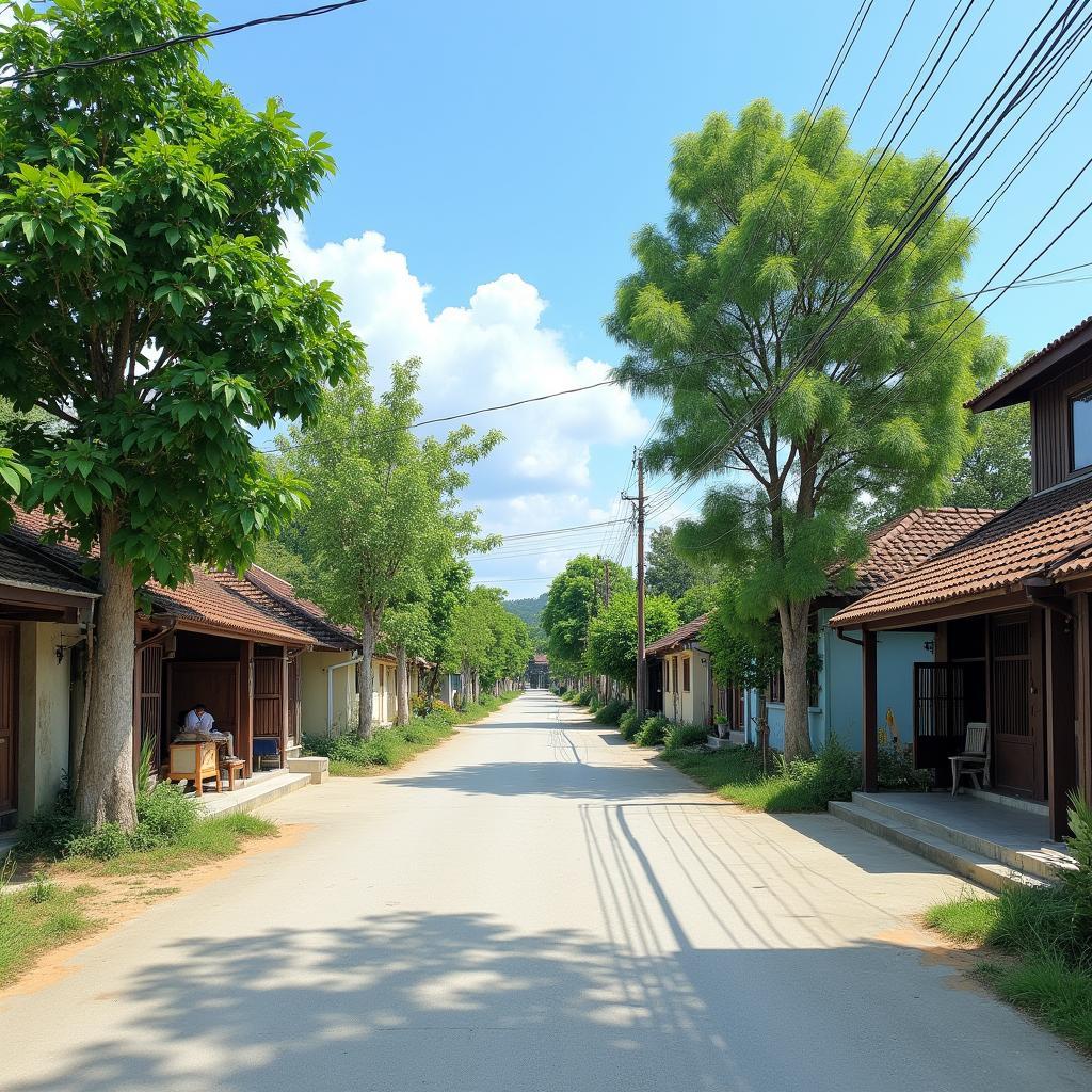 Một góc làng quê yên bình tại xã Việt Yên, tỉnh Hưng Yên với con đường bê tông sạch sẽ và những ngôi nhà ven đường.