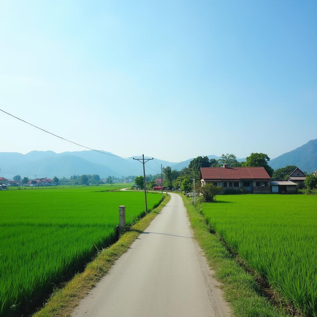 Khung cảnh làng quê yên bình tại xã Minh Thọ, tỉnh Hưng Yên với con đường làng, cánh đồng lúa và những mái nhà ngói đỏ