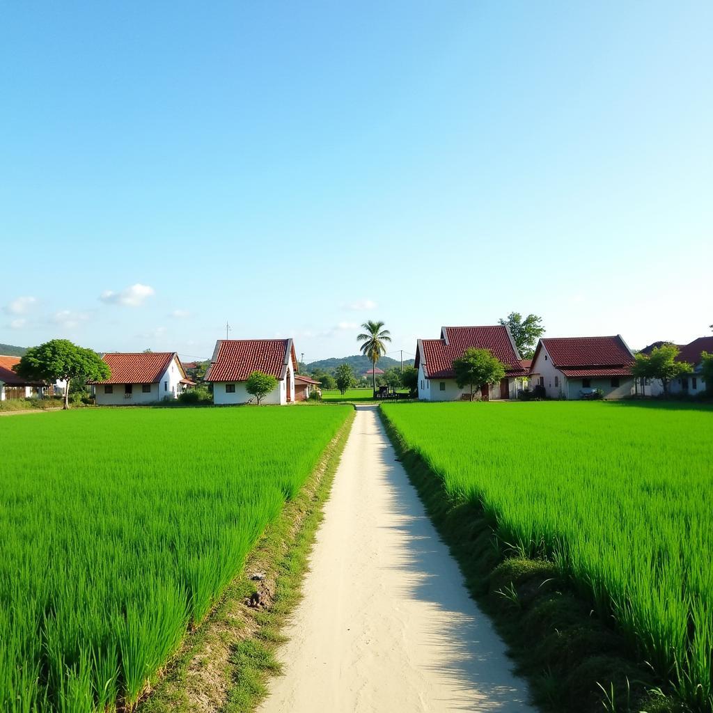 Khung cảnh làng quê yên bình tại Nghĩa Dân, tỉnh Hưng Yên với con đường làng, cánh đồng lúa và những ngôi nhà mái ngói đỏ.