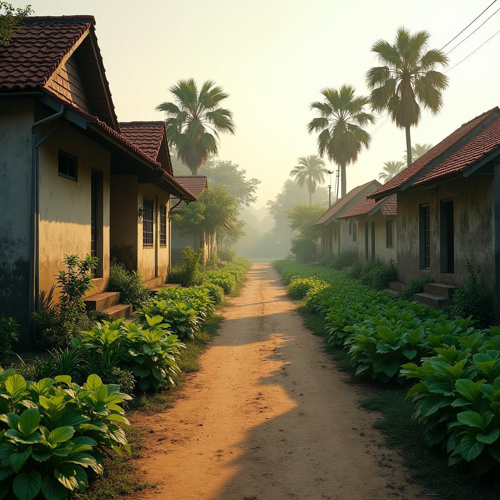 Khung cảnh một ngôi làng yên bình ở Đông Thụy Anh, tỉnh Hưng Yên với con đường đất nhỏ và những ngôi nhà truyền thống.