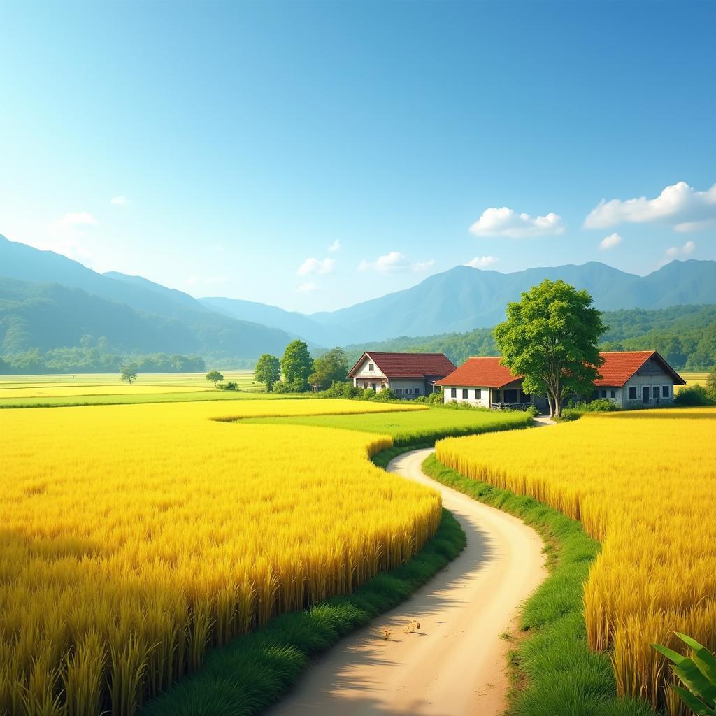 Khung cảnh làng quê yên bình tại Nam Tiên Hưng, tỉnh Hưng Yên với cánh đồng lúa vàng, con đường đất và những ngôi nhà mái ngói đỏ truyền thống.