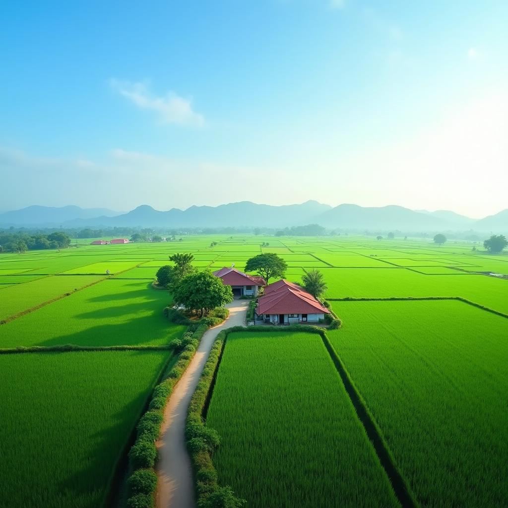 Toàn cảnh làng quê xã Phú Mỹ, Phú Thọ thanh bình với cánh đồng lúa và con đường làng quanh co uốn lượn.