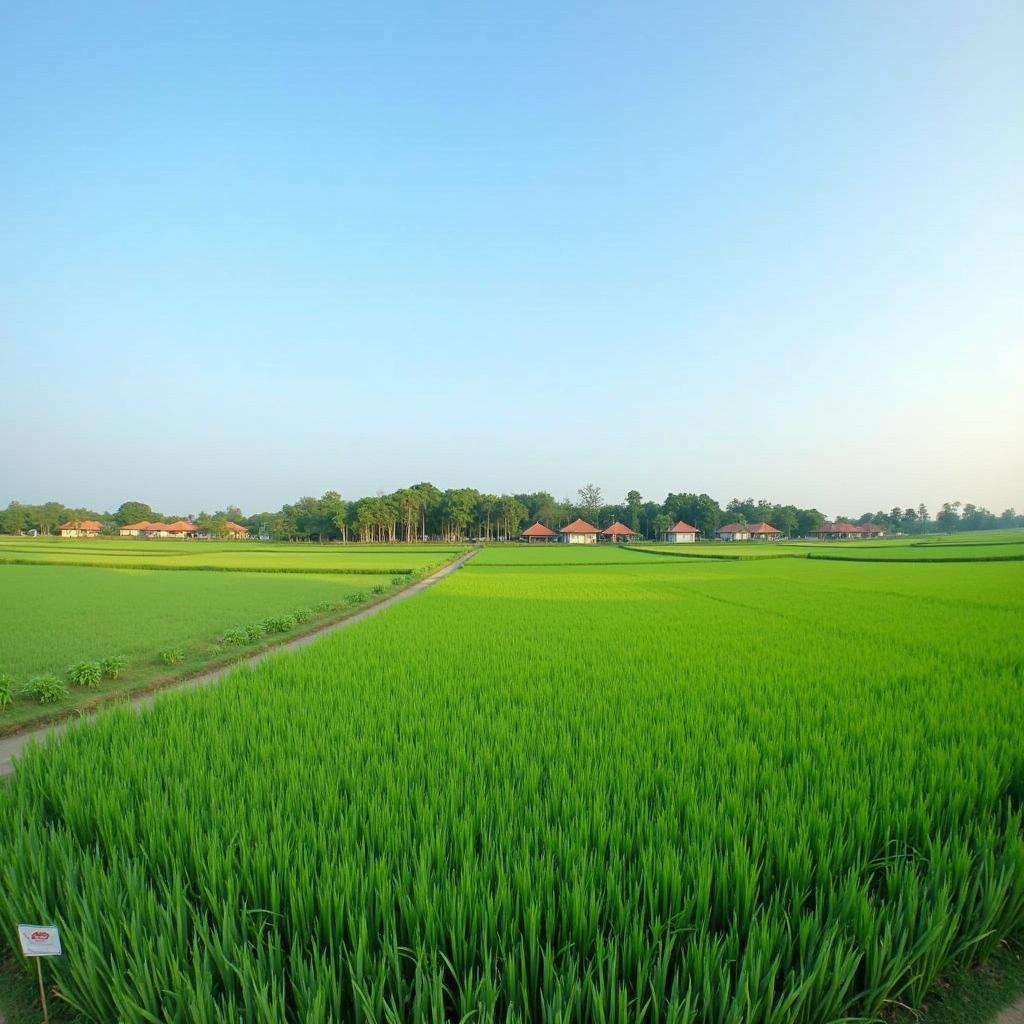 Khung cảnh làng quê yên bình tại xã Phùng Nguyên, huyện Lâm Thao, tỉnh Phú Thọ với những cánh đồng lúa xanh mướt và con đường làng quanh co.