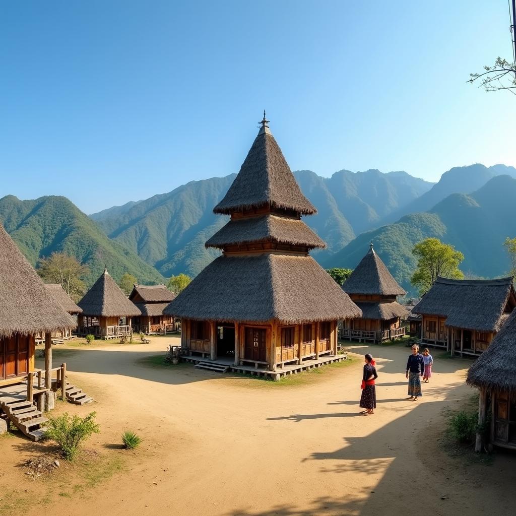 Khung cảnh nhà Gươl truyền thống của người Cơ Tu tại Bến Giằng, huyện Nam Giang, một điểm đến văn hóa độc đáo