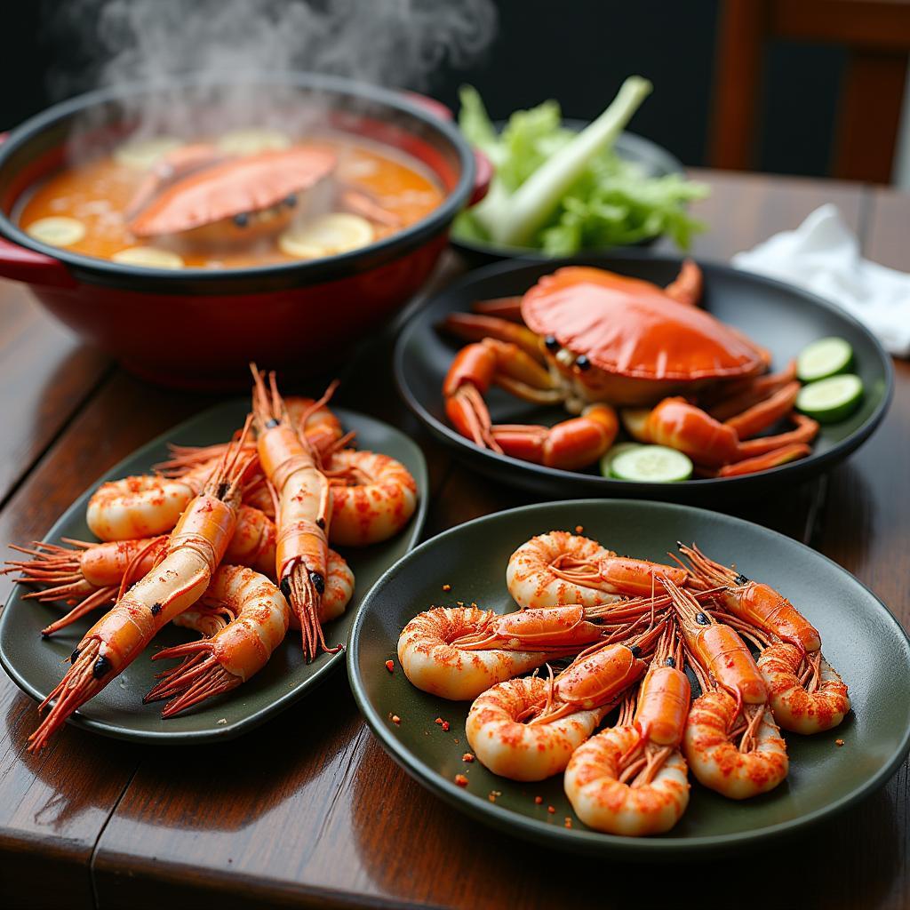 Cận cảnh nồi lẩu cua Cà Mau và đĩa tôm sú nướng muối ớt hấp dẫn tại quán Hải sản Vân Chài.
