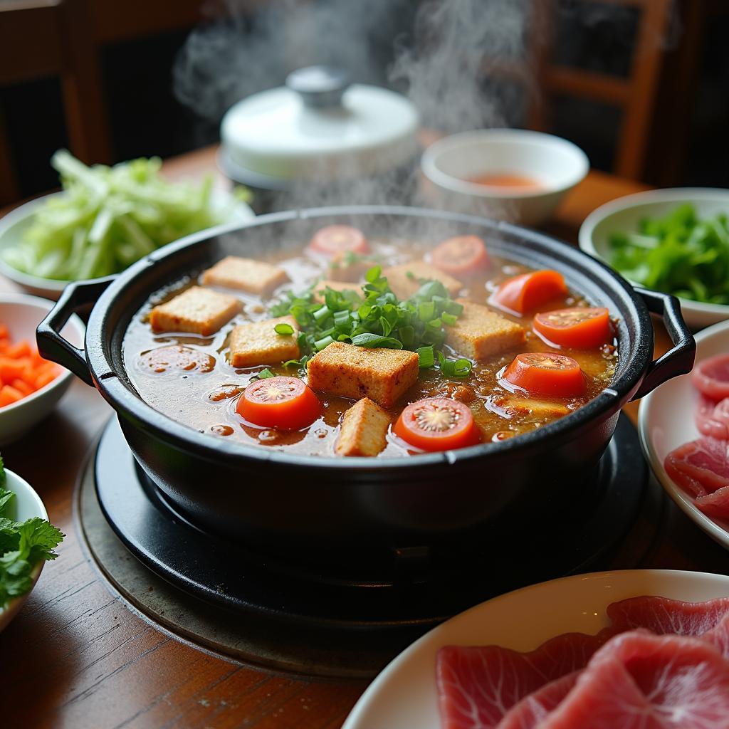 Nồi lẩu riêu cua bắp bò đặc trưng tại quán Lẩu Đức Trọc Dịch Vọng Hậu, đầy đặn hấp dẫn