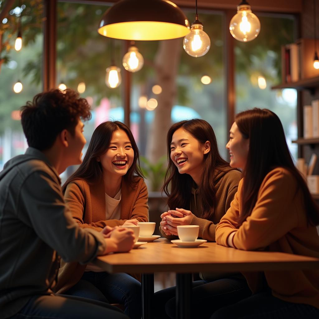 Hình ảnh nhóm bạn thân đang trò chuyện vui vẻ tại một buổi Meetup, minh họa cho chủ đề LDtalks chuyên đề tình bạn.