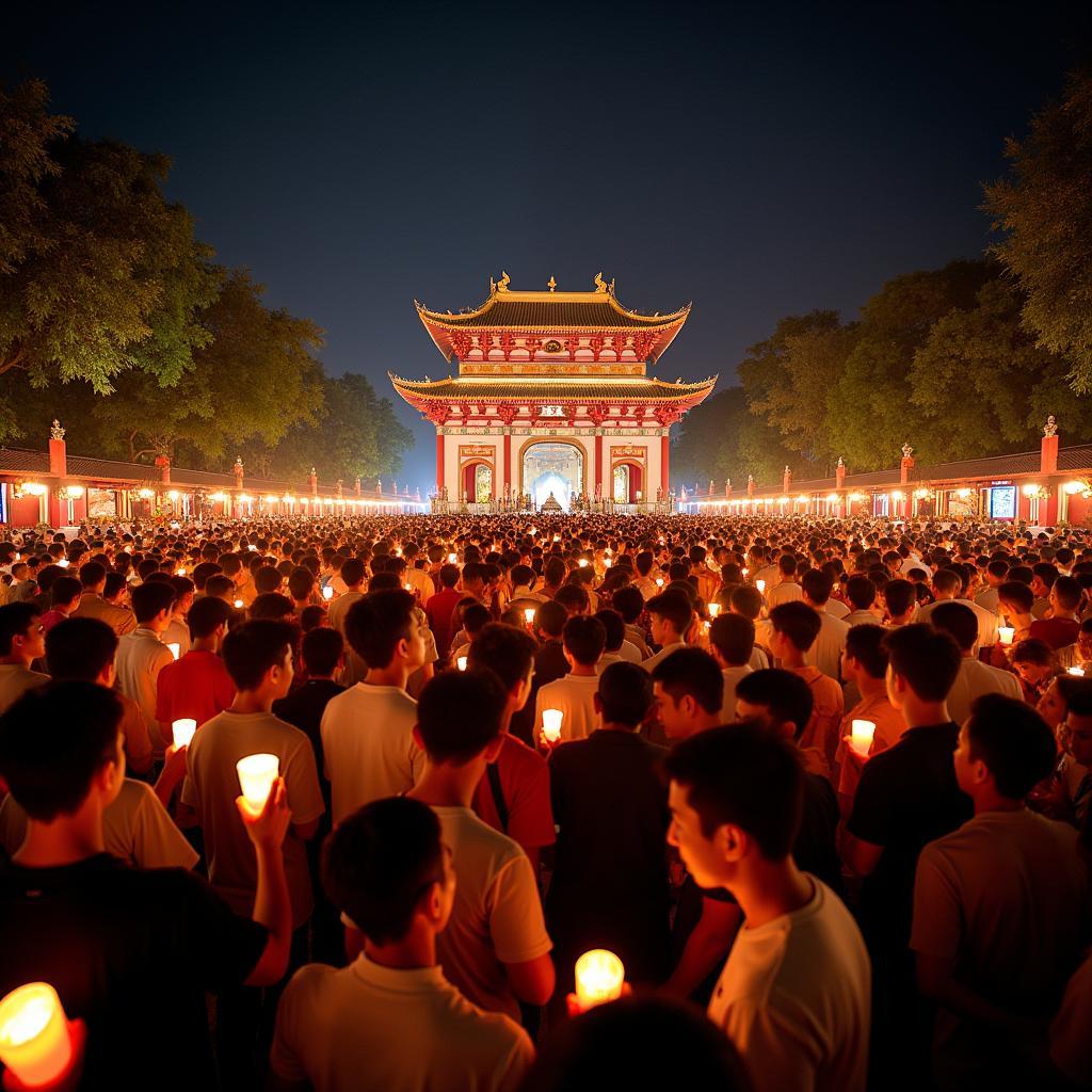 Cảnh tượng hàng vạn người dân và du khách tham gia Lễ hội phát lương Đền Trần Thương về đêm.